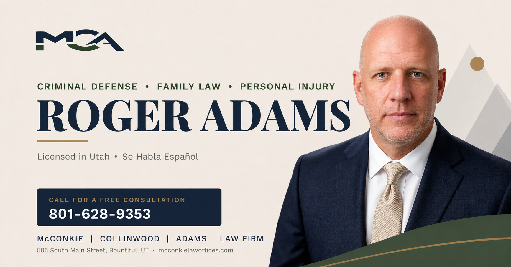 Attorney Roger Adams in a navy suit and tan tie